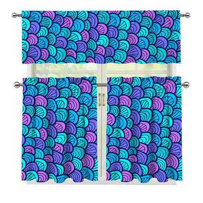 Teal Pink Mermaid Scales Pattern Print 3 Piece Kitchen Curtains