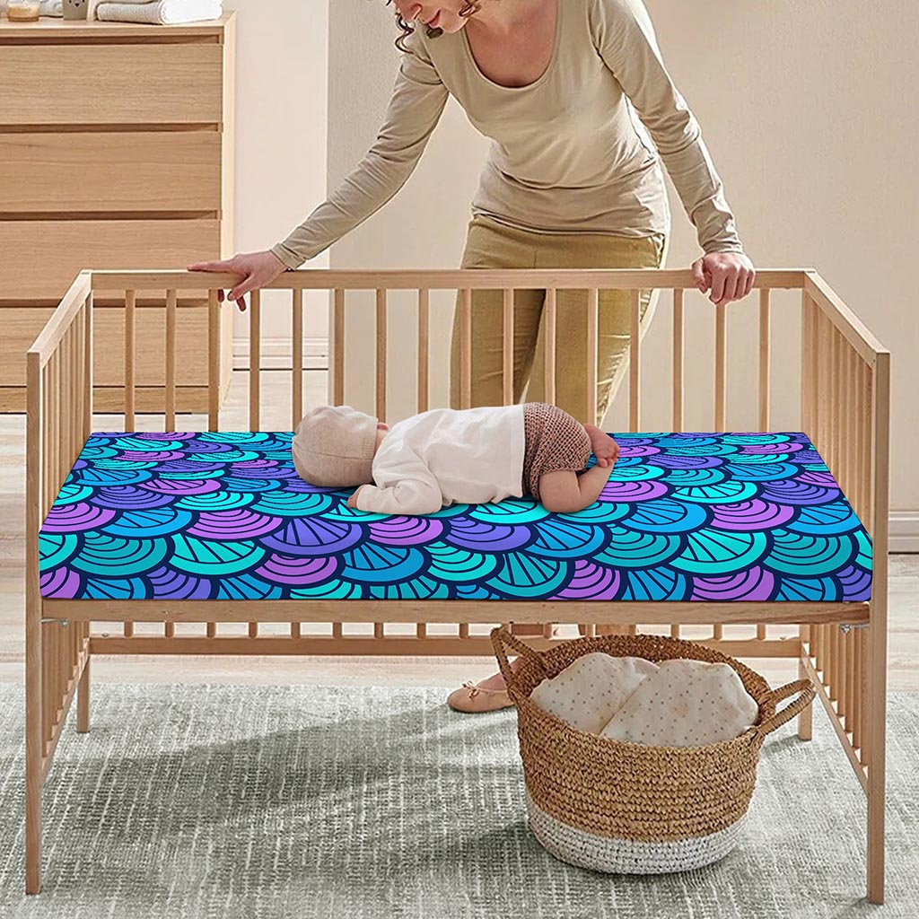 Teal Pink Mermaid Scales Pattern Print Baby Crib Sheet
