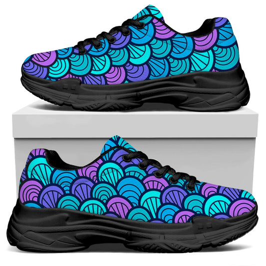 Teal Pink Mermaid Scales Pattern Print Black Chunky Shoes
