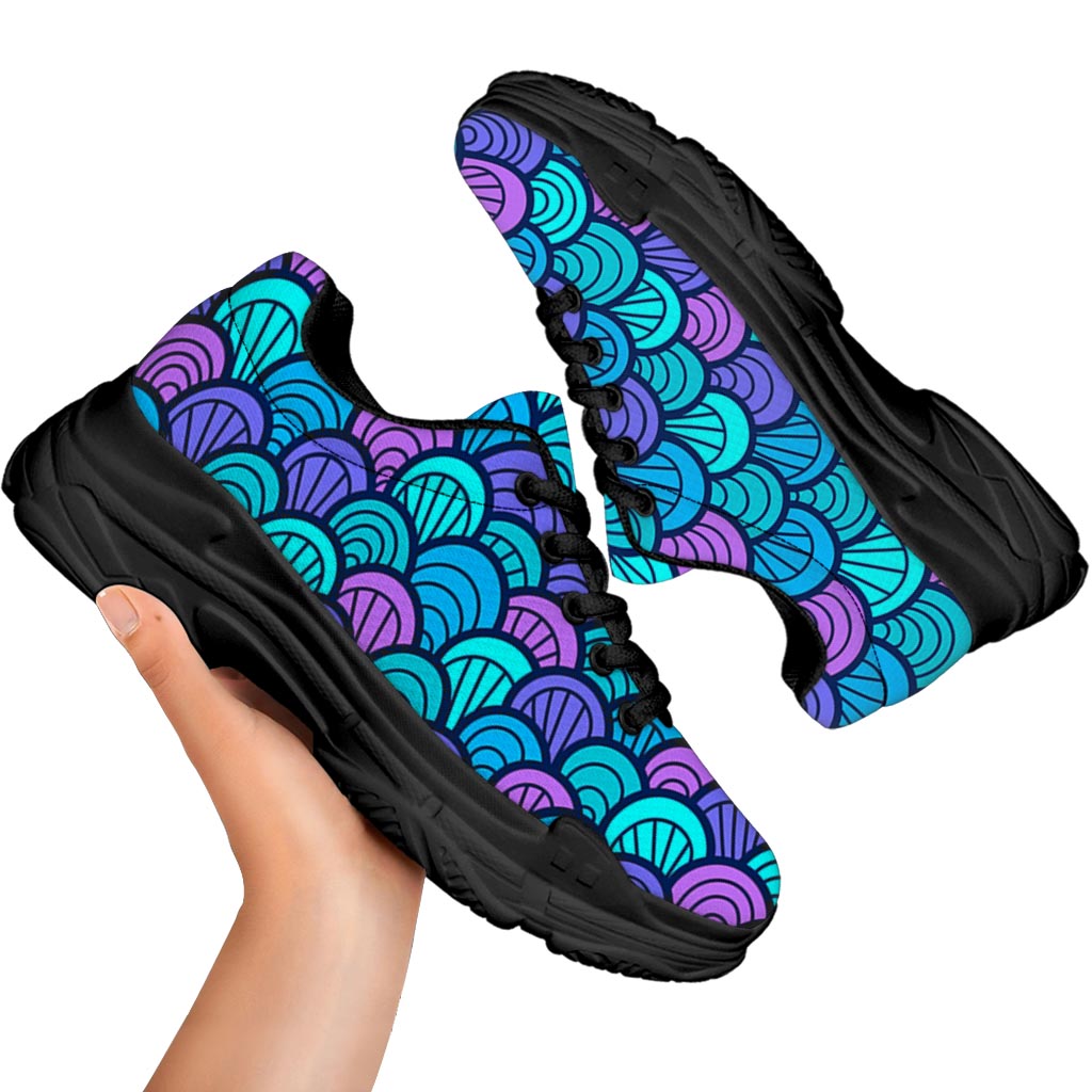 Teal Pink Mermaid Scales Pattern Print Black Chunky Shoes
