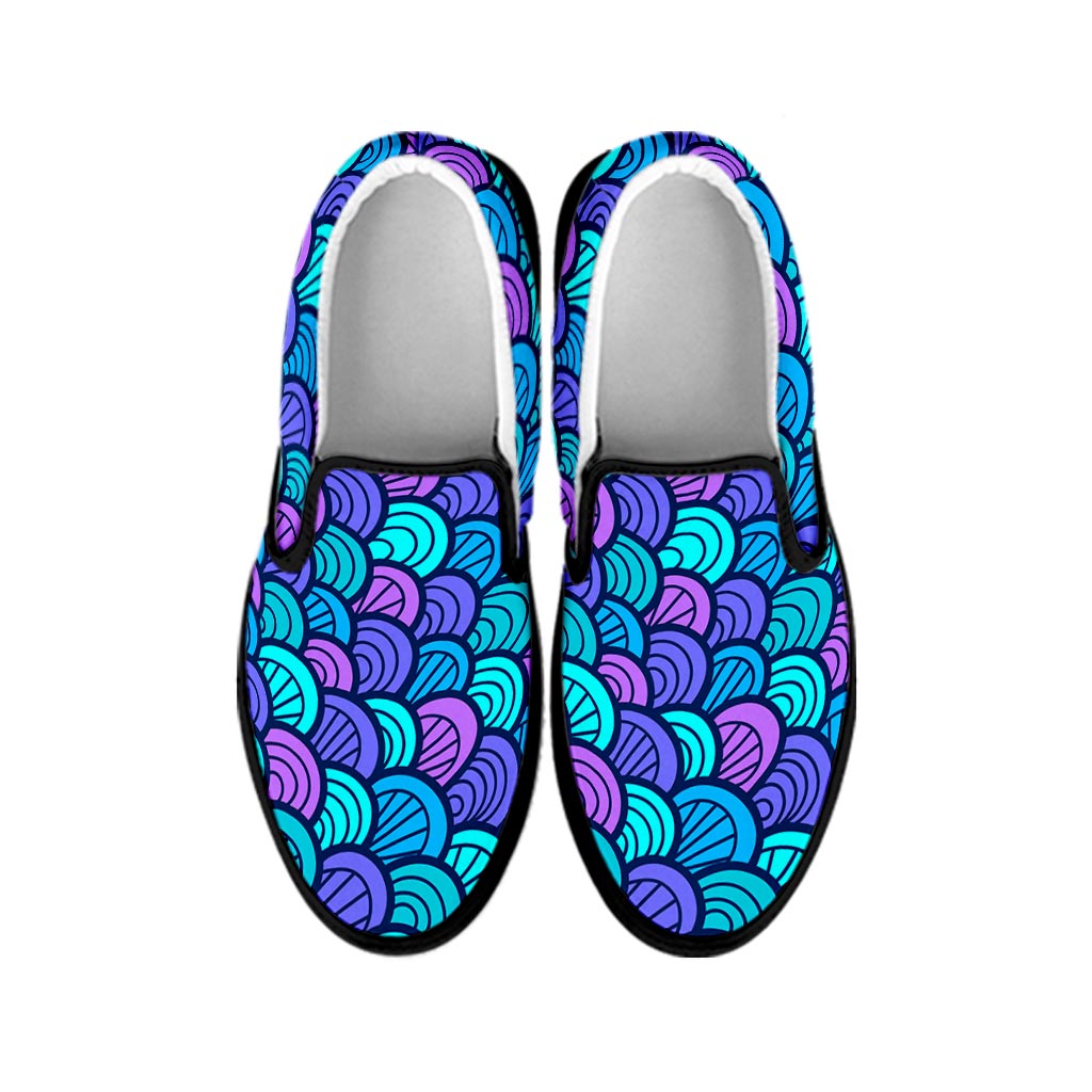 Teal Pink Mermaid Scales Pattern Print Black Slip On Sneakers