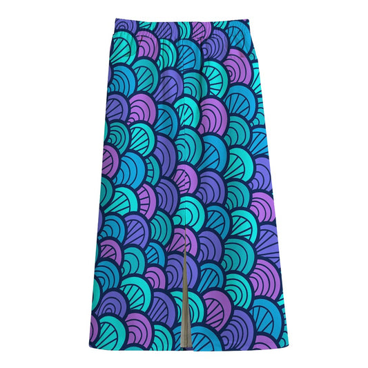 Teal Pink Mermaid Scales Pattern Print Cotton Front Slit Maxi Skirt
