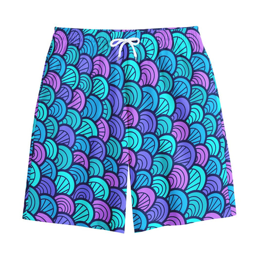 Teal Pink Mermaid Scales Pattern Print Cotton Shorts