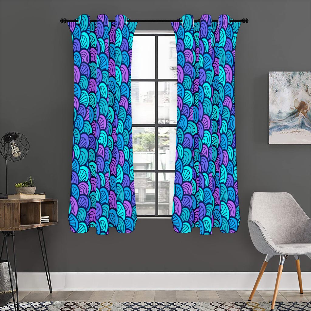 Teal Pink Mermaid Scales Pattern Print Curtain