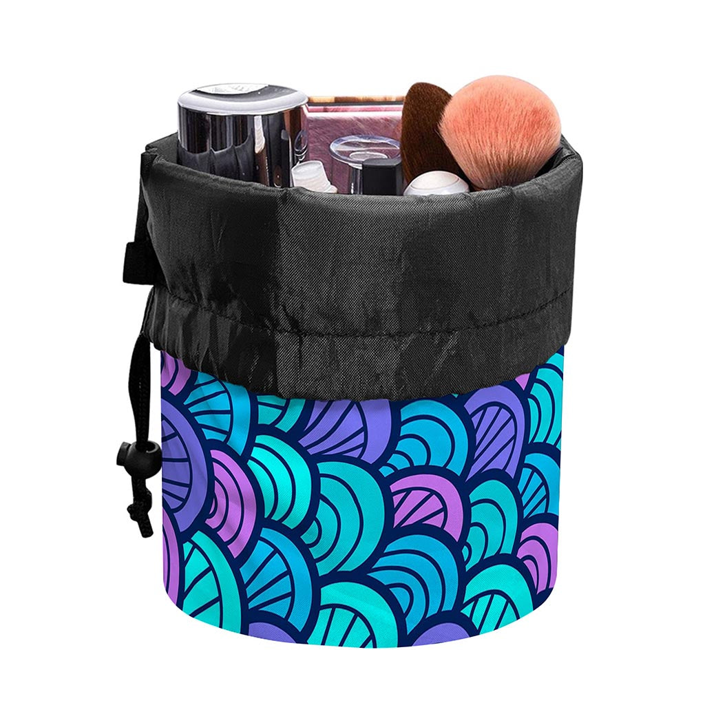 Teal Pink Mermaid Scales Pattern Print Drawstring Makeup Bag