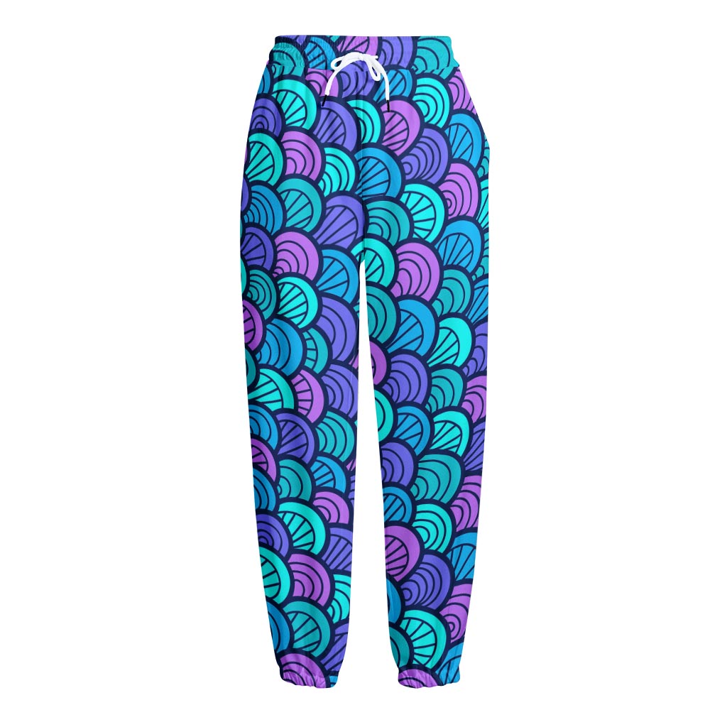 Teal Pink Mermaid Scales Pattern Print Fleece Lined Knit Pants