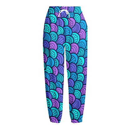 Teal Pink Mermaid Scales Pattern Print Fleece Lined Knit Pants