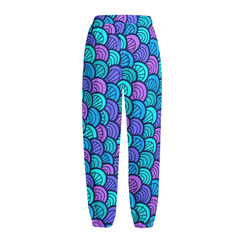 Teal Pink Mermaid Scales Pattern Print Fleece Lined Knit Pants