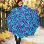 Teal Pink Mermaid Scales Pattern Print Foldable Umbrella