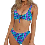 Teal Pink Mermaid Scales Pattern Print Front Bow Tie Bikini