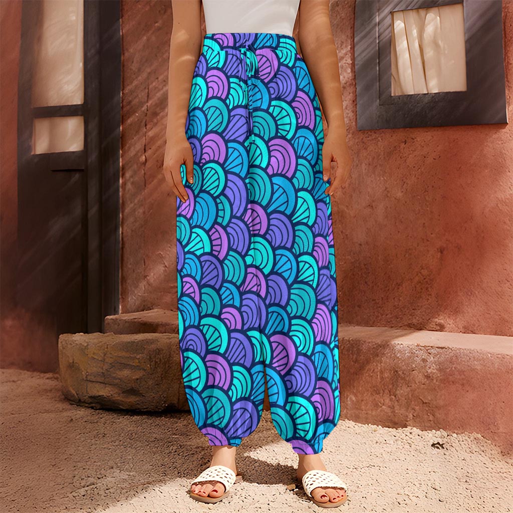 Teal Pink Mermaid Scales Pattern Print Harem Pants