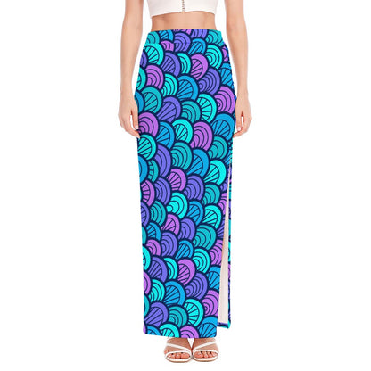 Teal Pink Mermaid Scales Pattern Print High Slit Maxi Skirt