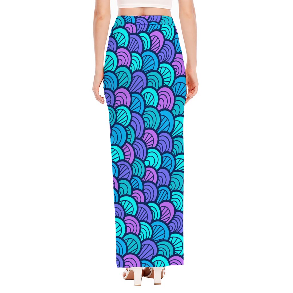 Teal Pink Mermaid Scales Pattern Print High Slit Maxi Skirt