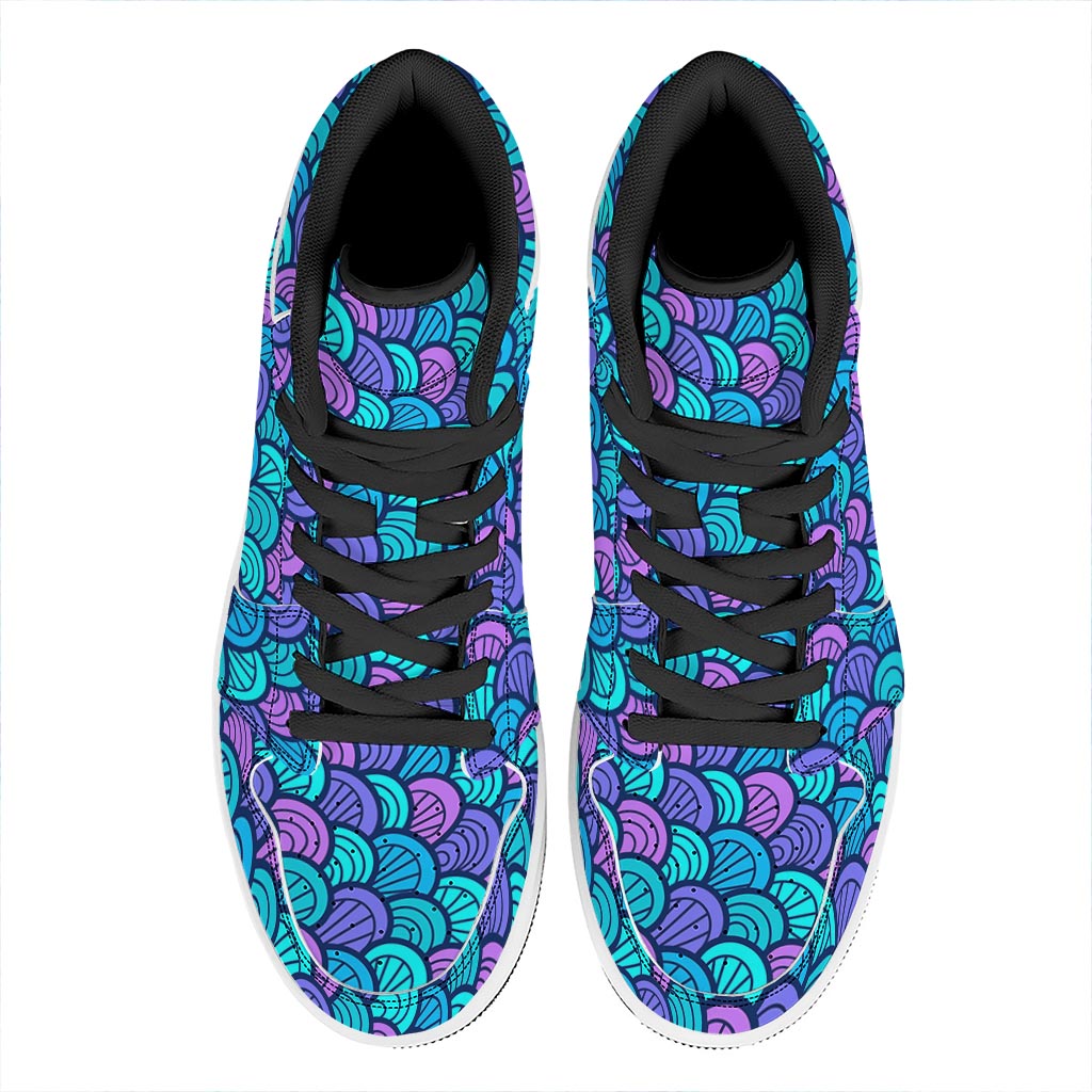 Teal Pink Mermaid Scales Pattern Print High Top Leather Sneakers