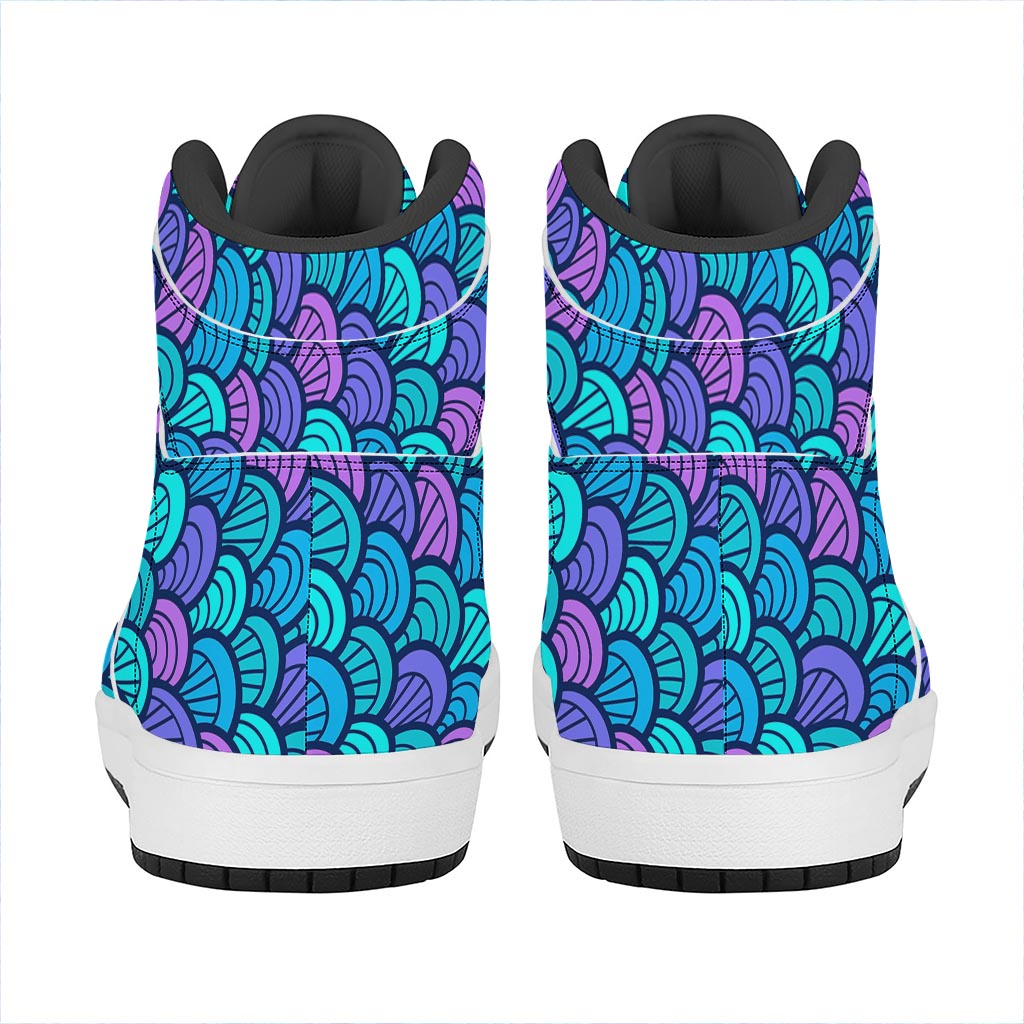 Teal Pink Mermaid Scales Pattern Print High Top Leather Sneakers