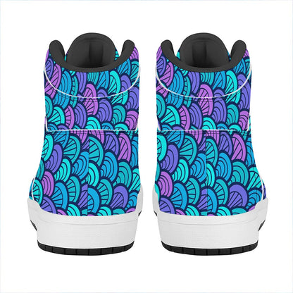 Teal Pink Mermaid Scales Pattern Print High Top Leather Sneakers