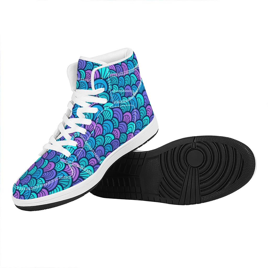 Teal Pink Mermaid Scales Pattern Print High Top Leather Sneakers