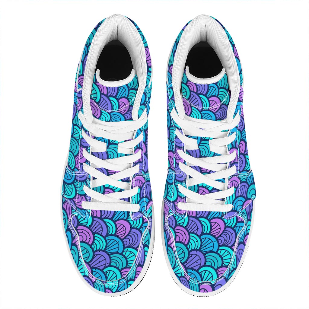 Teal Pink Mermaid Scales Pattern Print High Top Leather Sneakers