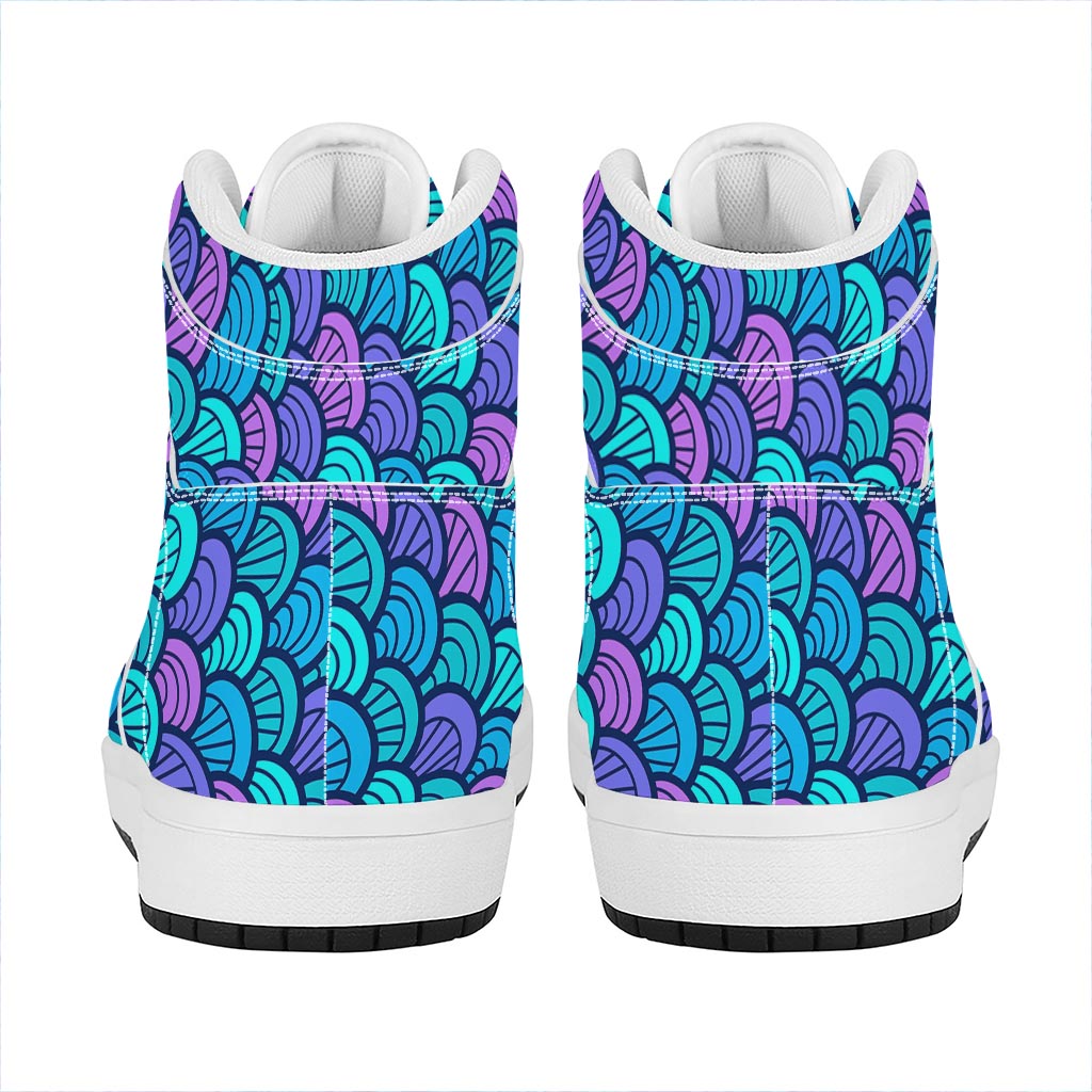 Teal Pink Mermaid Scales Pattern Print High Top Leather Sneakers