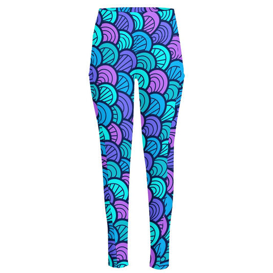 Teal Pink Mermaid Scales Pattern Print High-Waisted Pocket Leggings