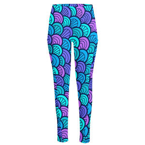 Teal Pink Mermaid Scales Pattern Print High-Waisted Pocket Leggings