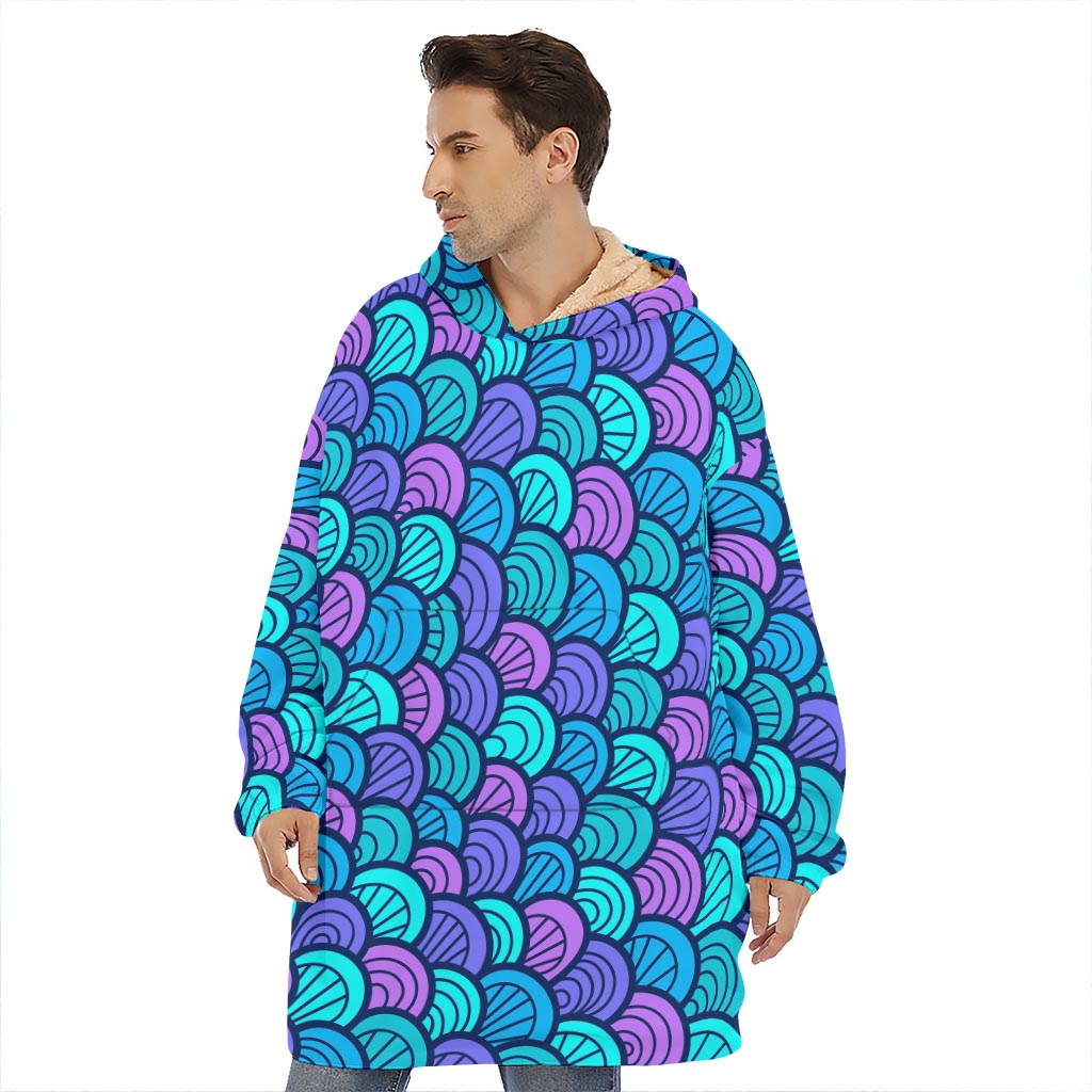 Teal Pink Mermaid Scales Pattern Print Hoodie Blanket
