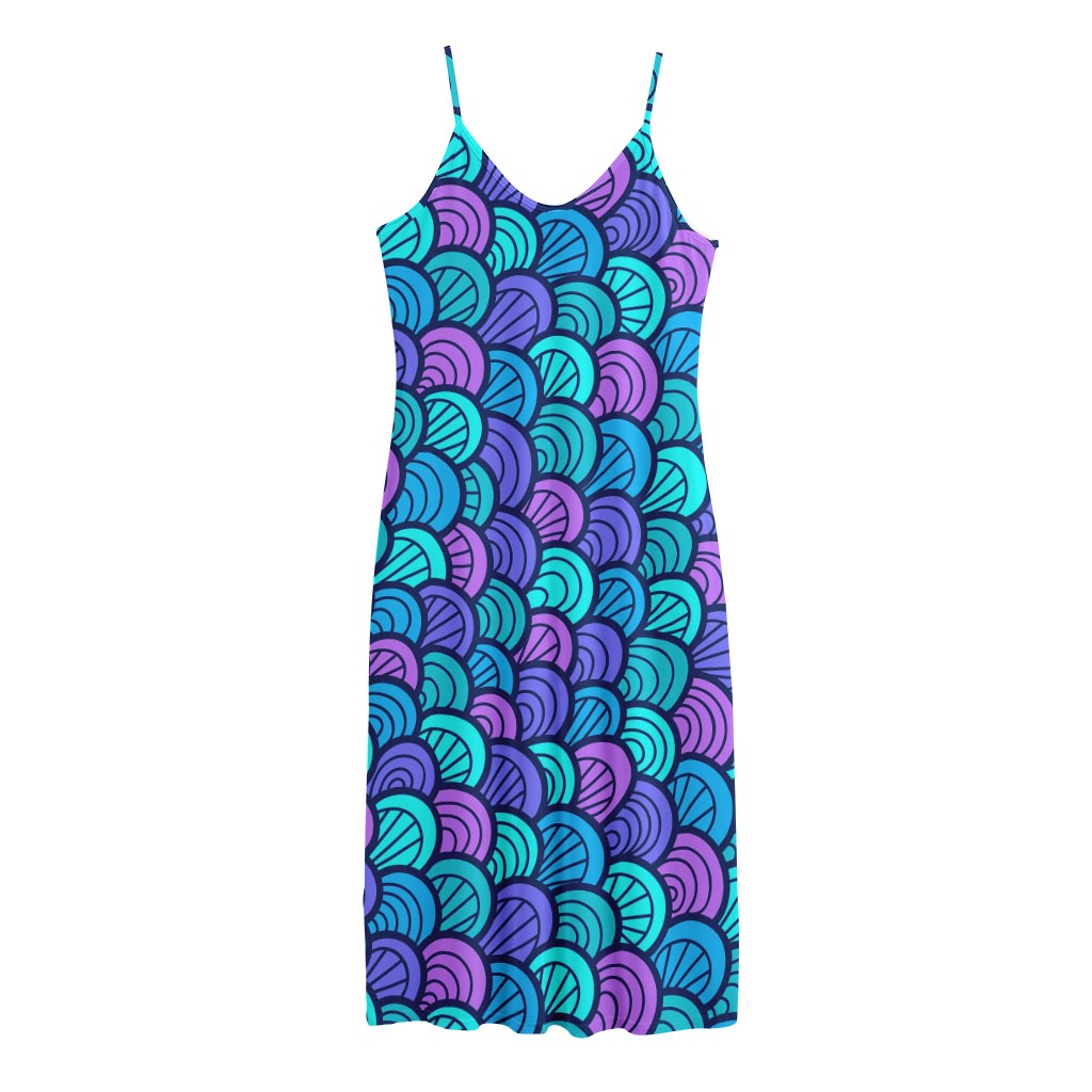 Teal Pink Mermaid Scales Pattern Print Jersey Midi Cami Dress
