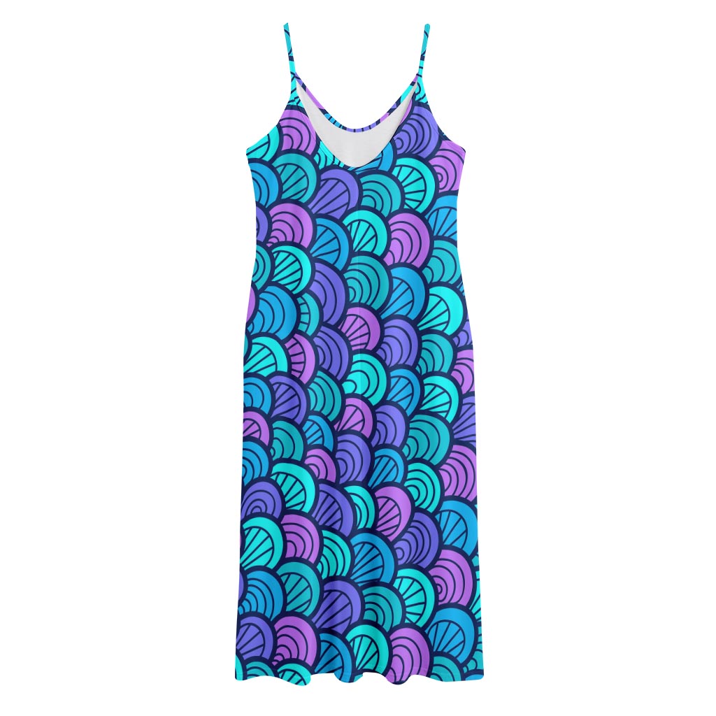 Teal Pink Mermaid Scales Pattern Print Jersey Midi Cami Dress