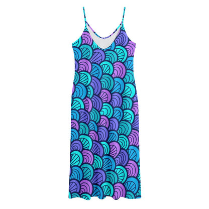 Teal Pink Mermaid Scales Pattern Print Jersey Midi Cami Dress