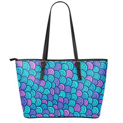 Teal Pink Mermaid Scales Pattern Print Leather Tote Bag