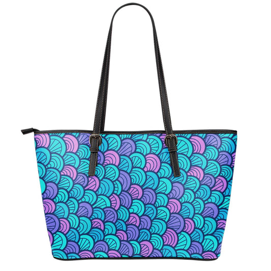 Teal Pink Mermaid Scales Pattern Print Leather Tote Bag