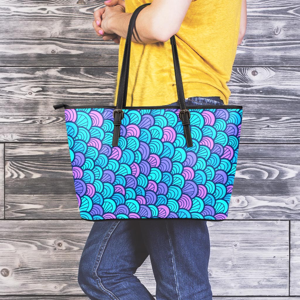 Teal Pink Mermaid Scales Pattern Print Leather Tote Bag