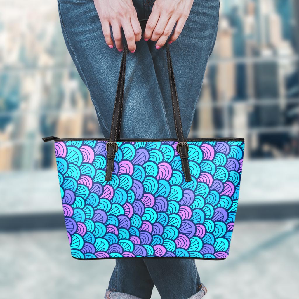 Teal Pink Mermaid Scales Pattern Print Leather Tote Bag
