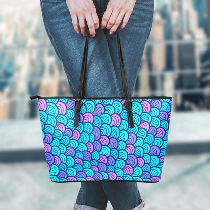 Teal Pink Mermaid Scales Pattern Print Leather Tote Bag