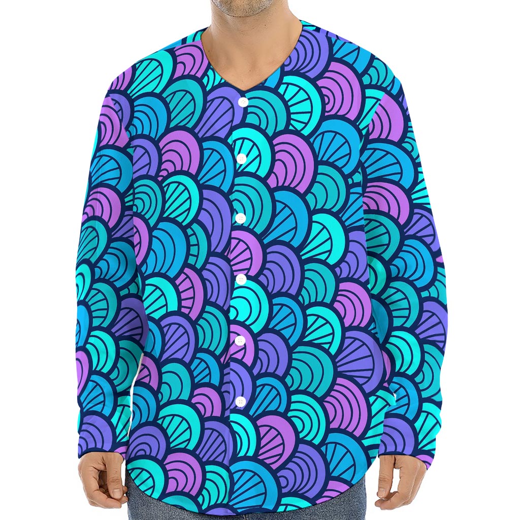 Teal Pink Mermaid Scales Pattern Print Long Sleeve Baseball Jersey