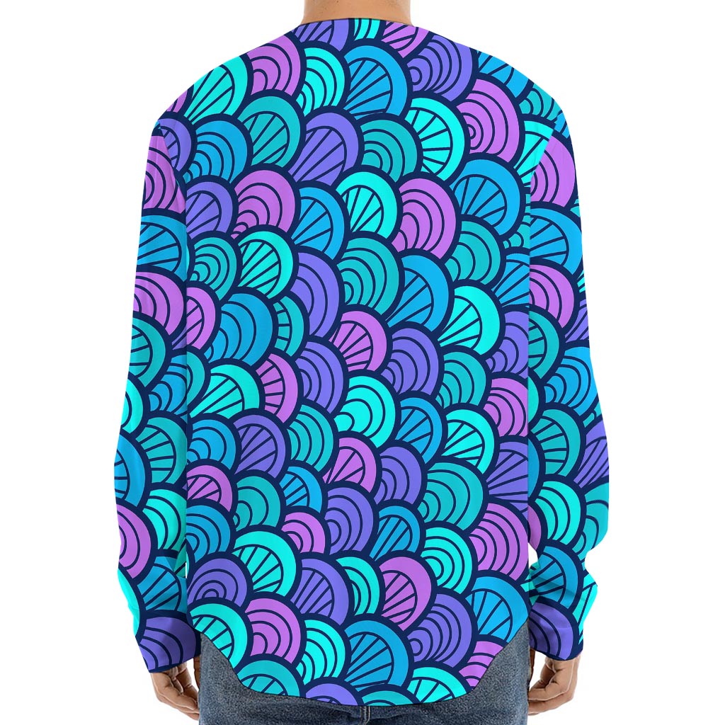 Teal Pink Mermaid Scales Pattern Print Long Sleeve Baseball Jersey