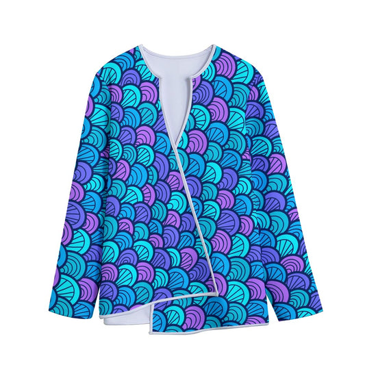 Teal Pink Mermaid Scales Pattern Print Long Sleeve Short Coat