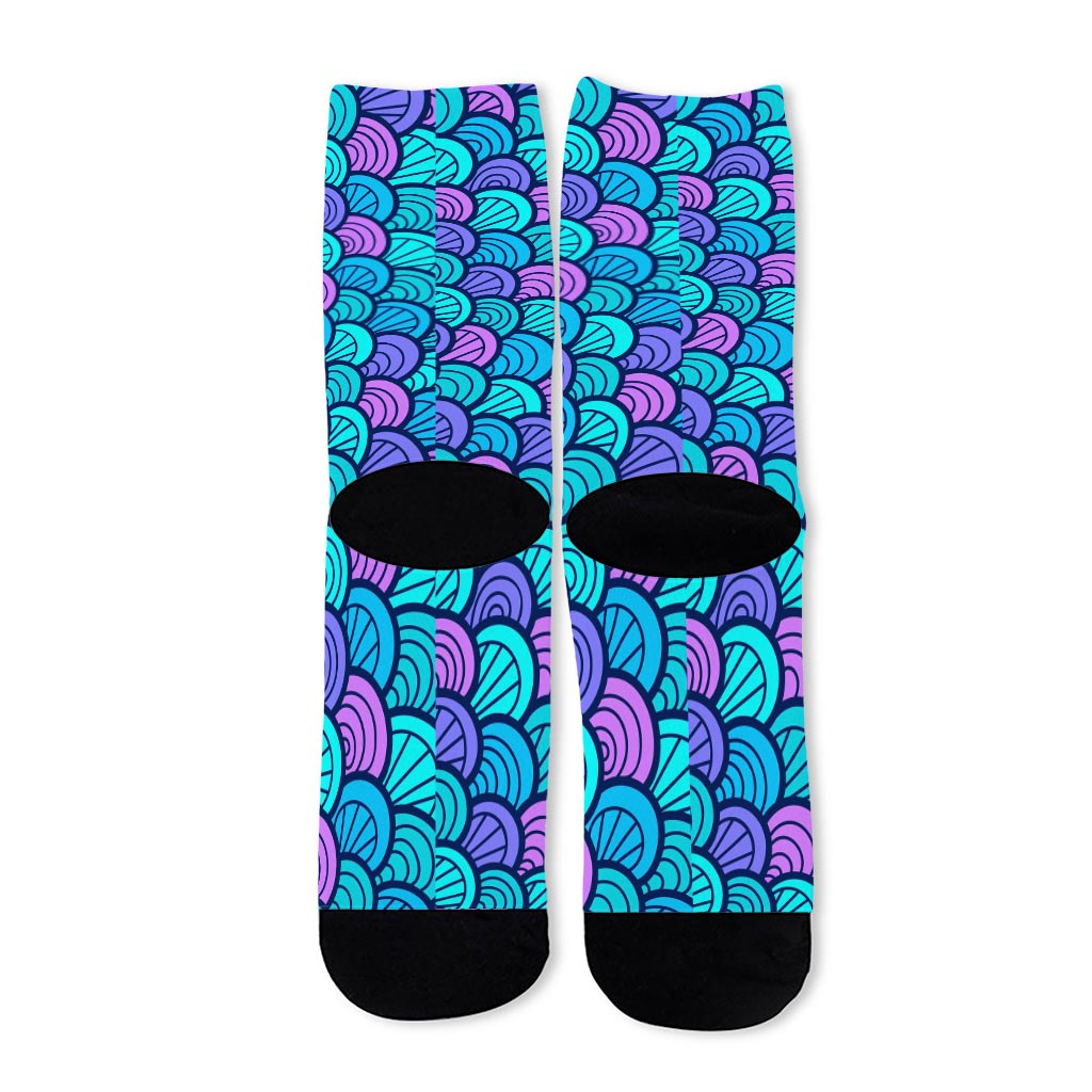 Teal Pink Mermaid Scales Pattern Print Long Socks