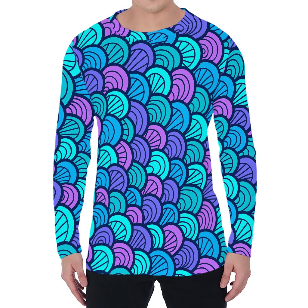 Teal Pink Mermaid Scales Pattern Print Men's Long Sleeve T-Shirt