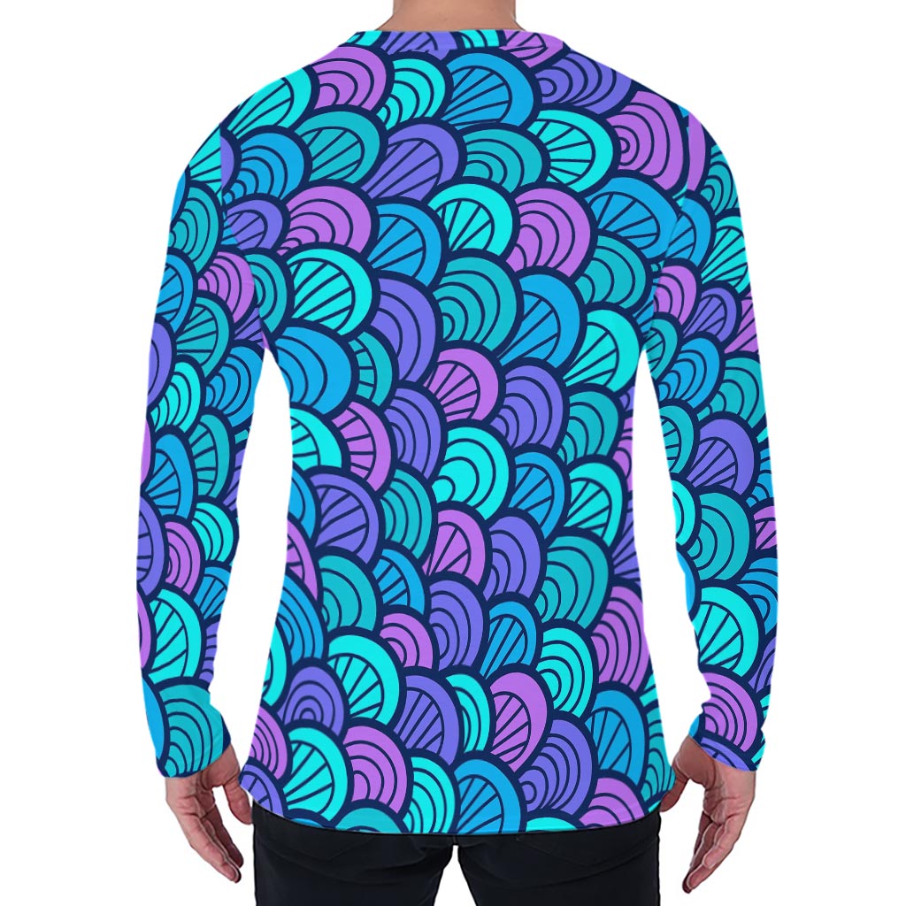 Teal Pink Mermaid Scales Pattern Print Men's Long Sleeve T-Shirt