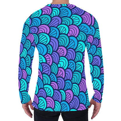Teal Pink Mermaid Scales Pattern Print Men's Long Sleeve T-Shirt