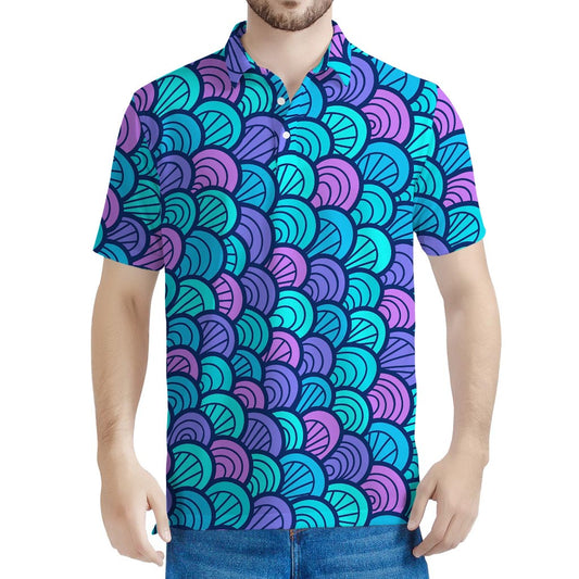 Teal Pink Mermaid Scales Pattern Print Men's Polo Shirt