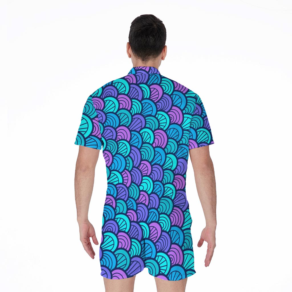 Teal Pink Mermaid Scales Pattern Print Men's Rompers
