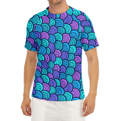 Teal Pink Mermaid Scales Pattern Print Men's Short Sleeve Rash Guard