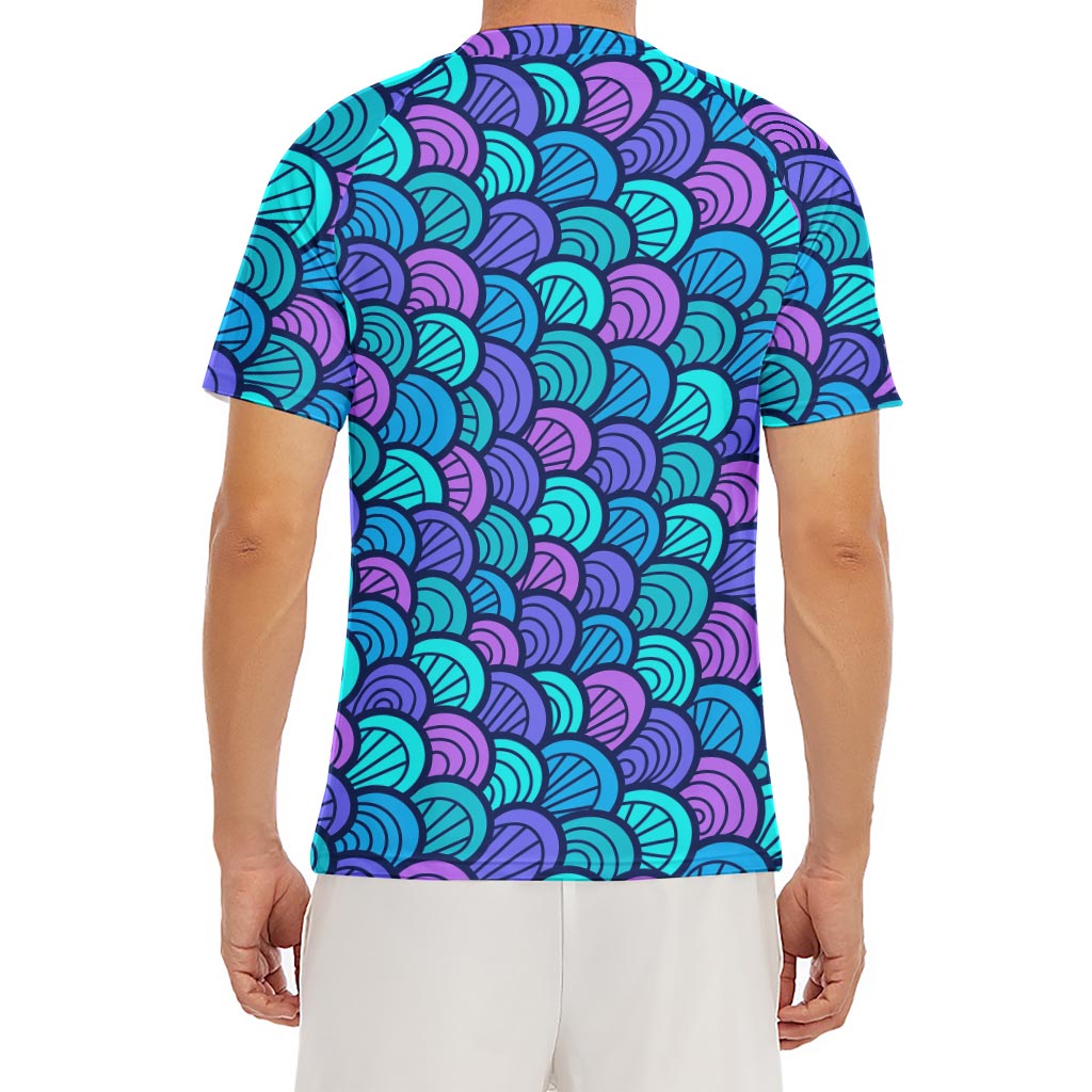 Teal Pink Mermaid Scales Pattern Print Men's Short Sleeve Rash Guard