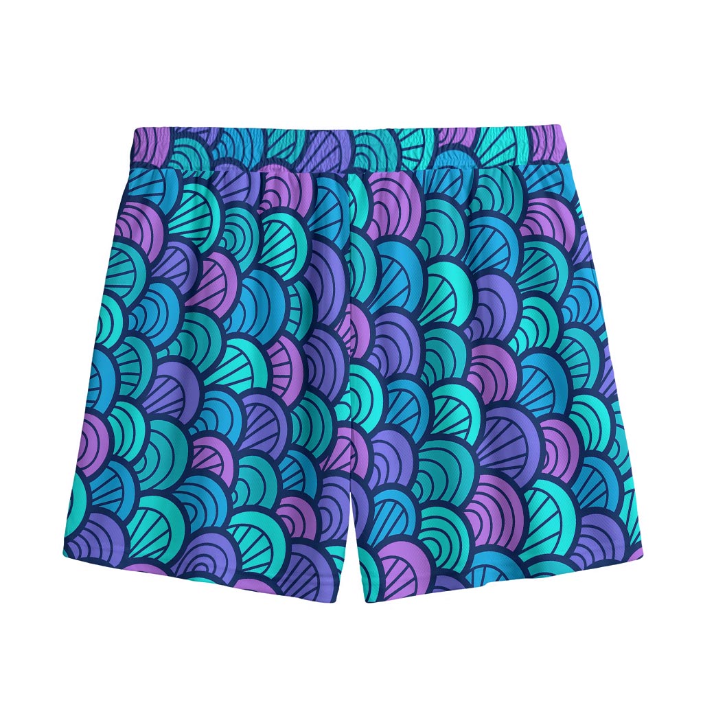 Teal Pink Mermaid Scales Pattern Print Mesh Shorts