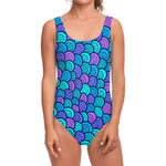 Teal Pink Mermaid Scales Pattern Print One Piece Swimsuit