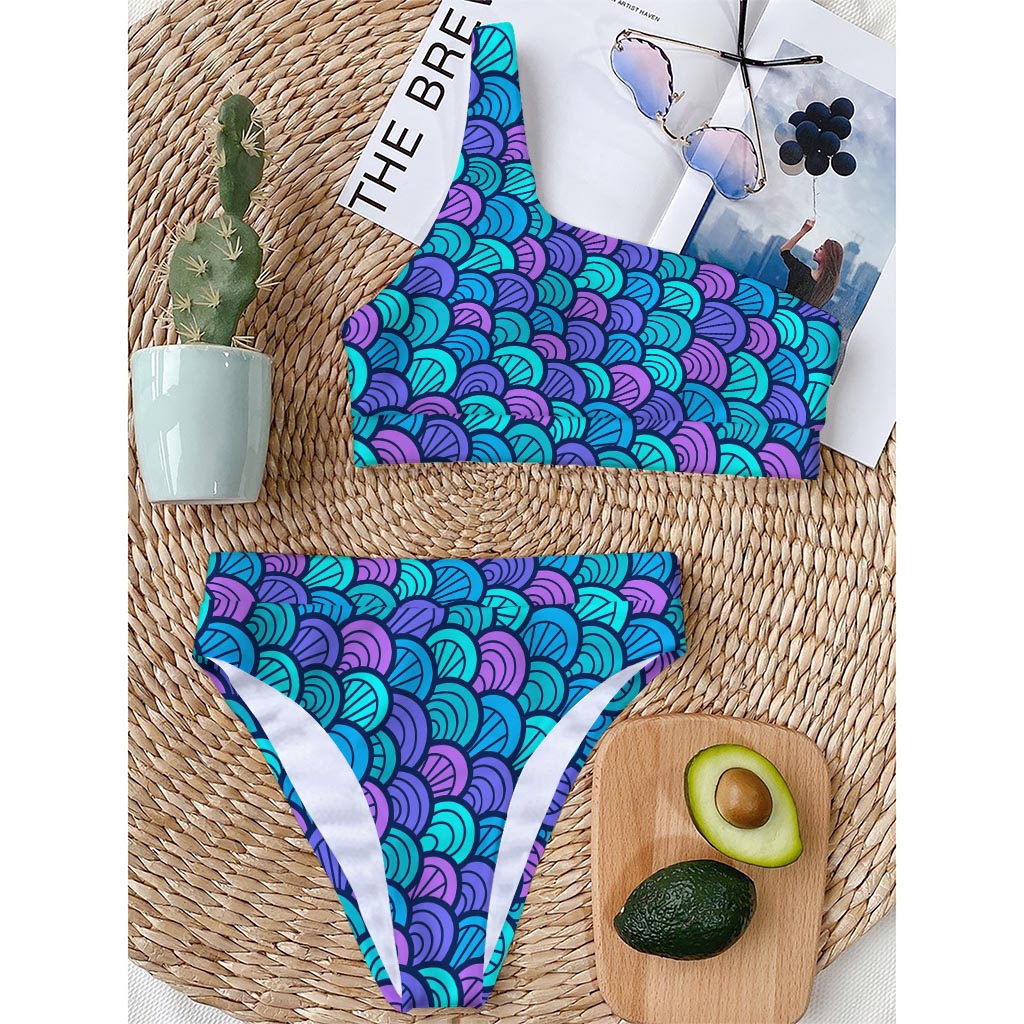 Teal Pink Mermaid Scales Pattern Print One Shoulder Bikini Top