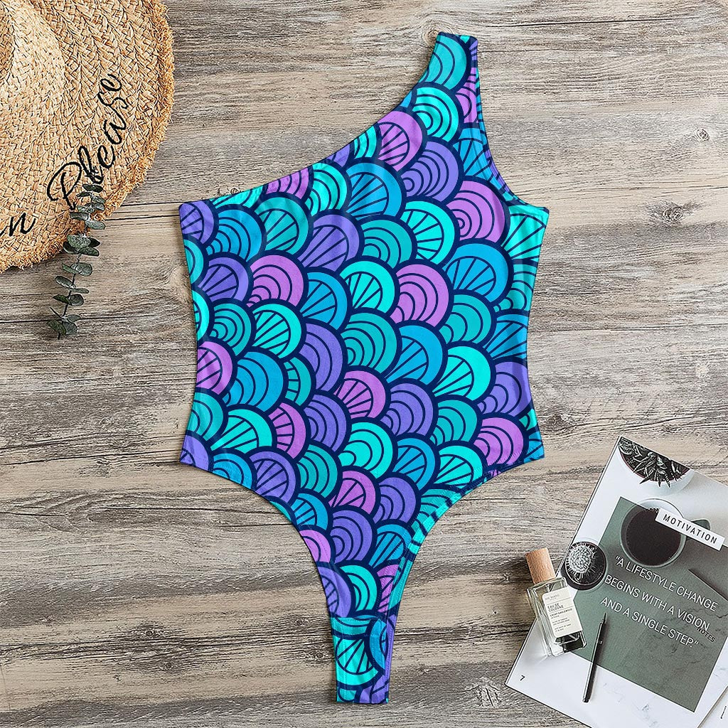 Teal Pink Mermaid Scales Pattern Print One Shoulder Bodysuit