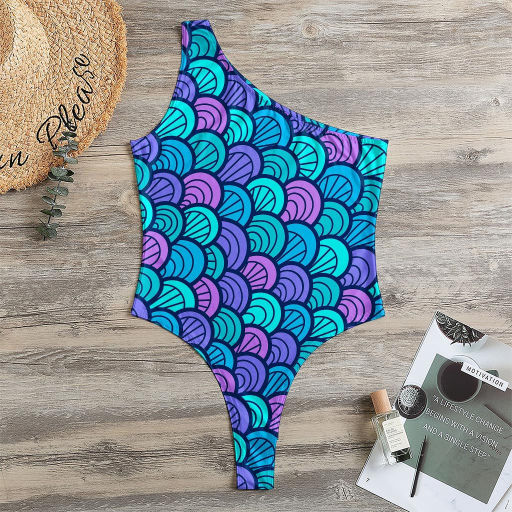 Teal Pink Mermaid Scales Pattern Print One Shoulder Bodysuit